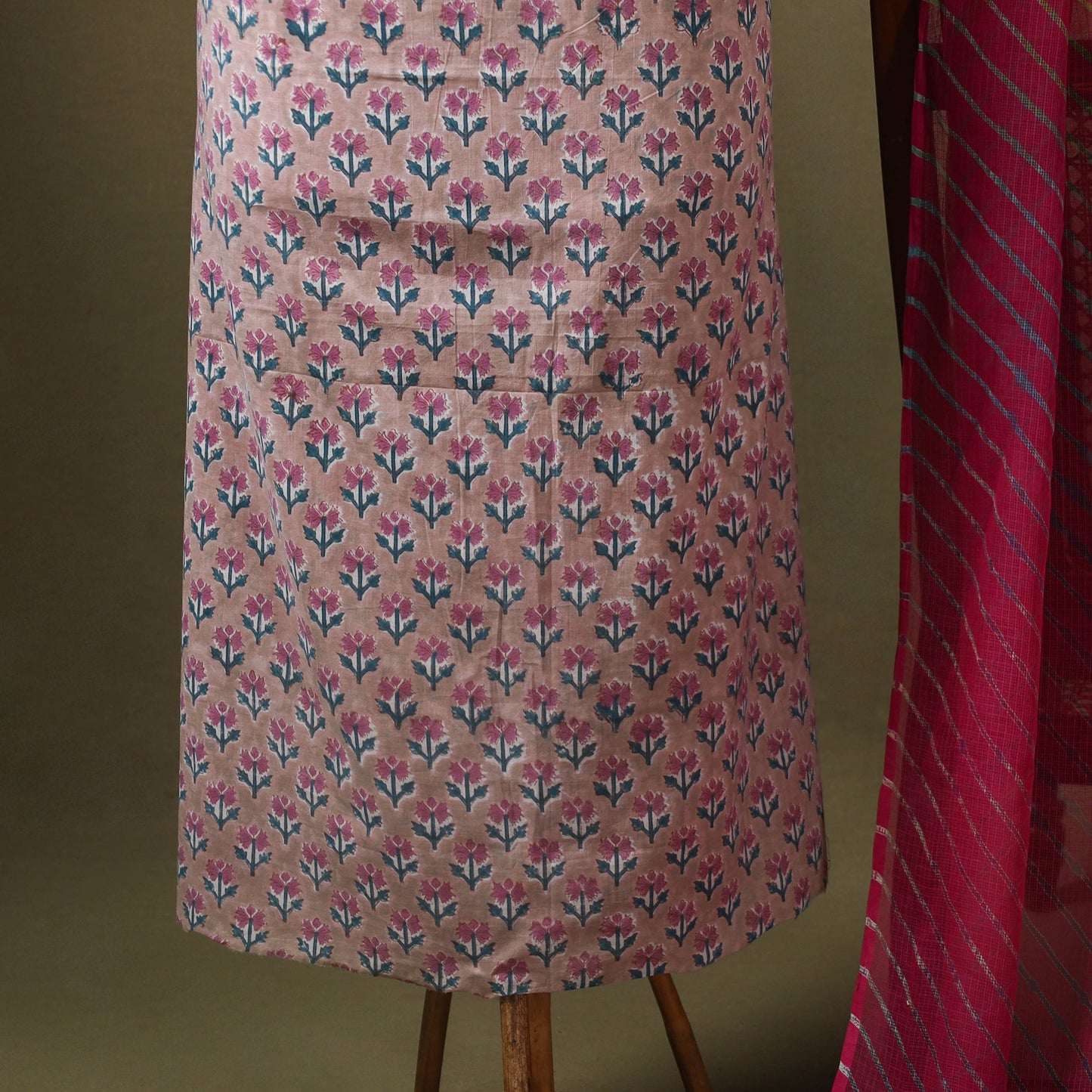 Pink Designer! Block Print Cotton Dress Material with Jewellery Set