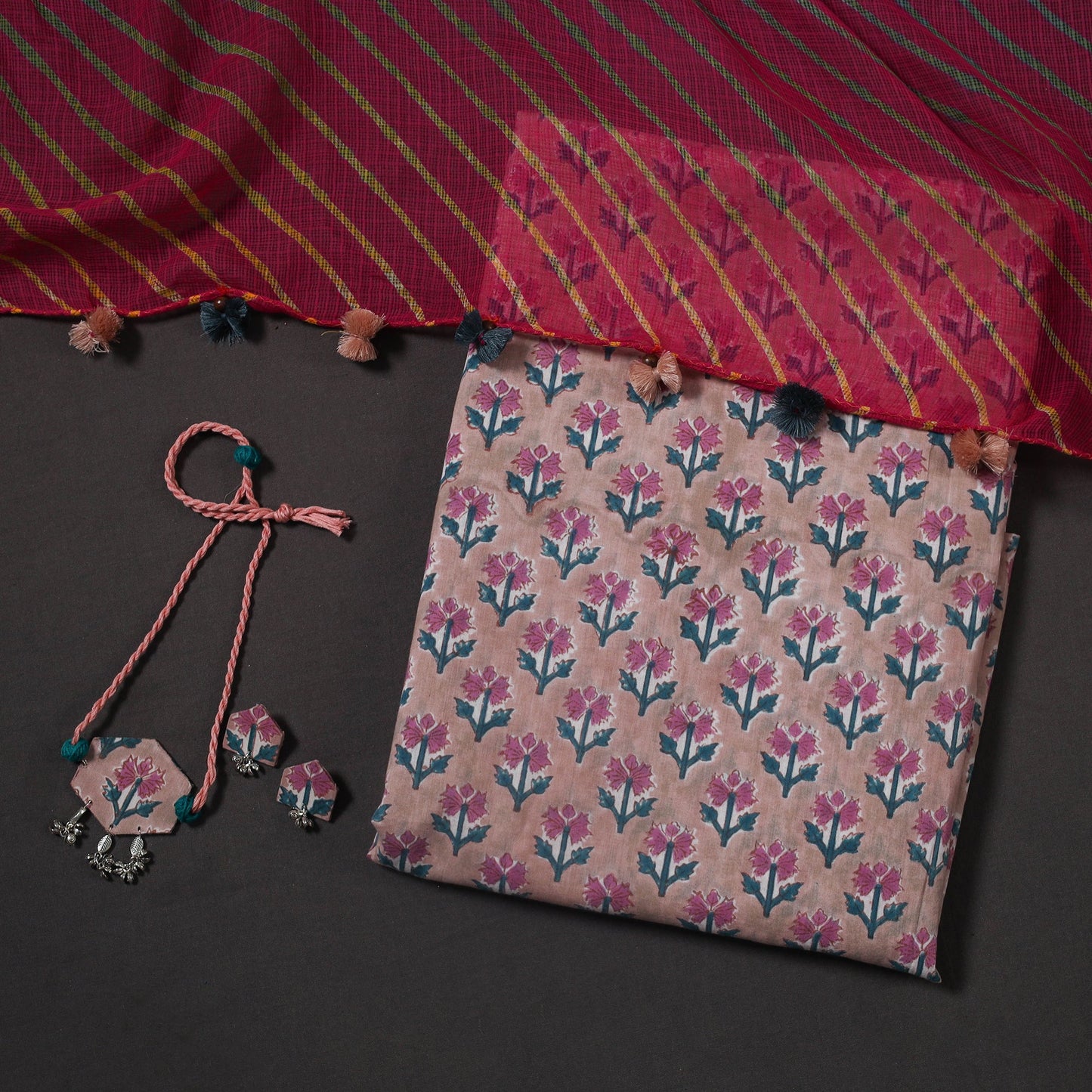 Pink Designer! Block Print Cotton Dress Material with Jewellery Set