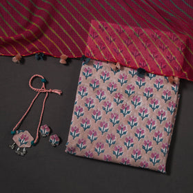 Pink Designer! Block Print Cotton Dress Material with Jewellery Set