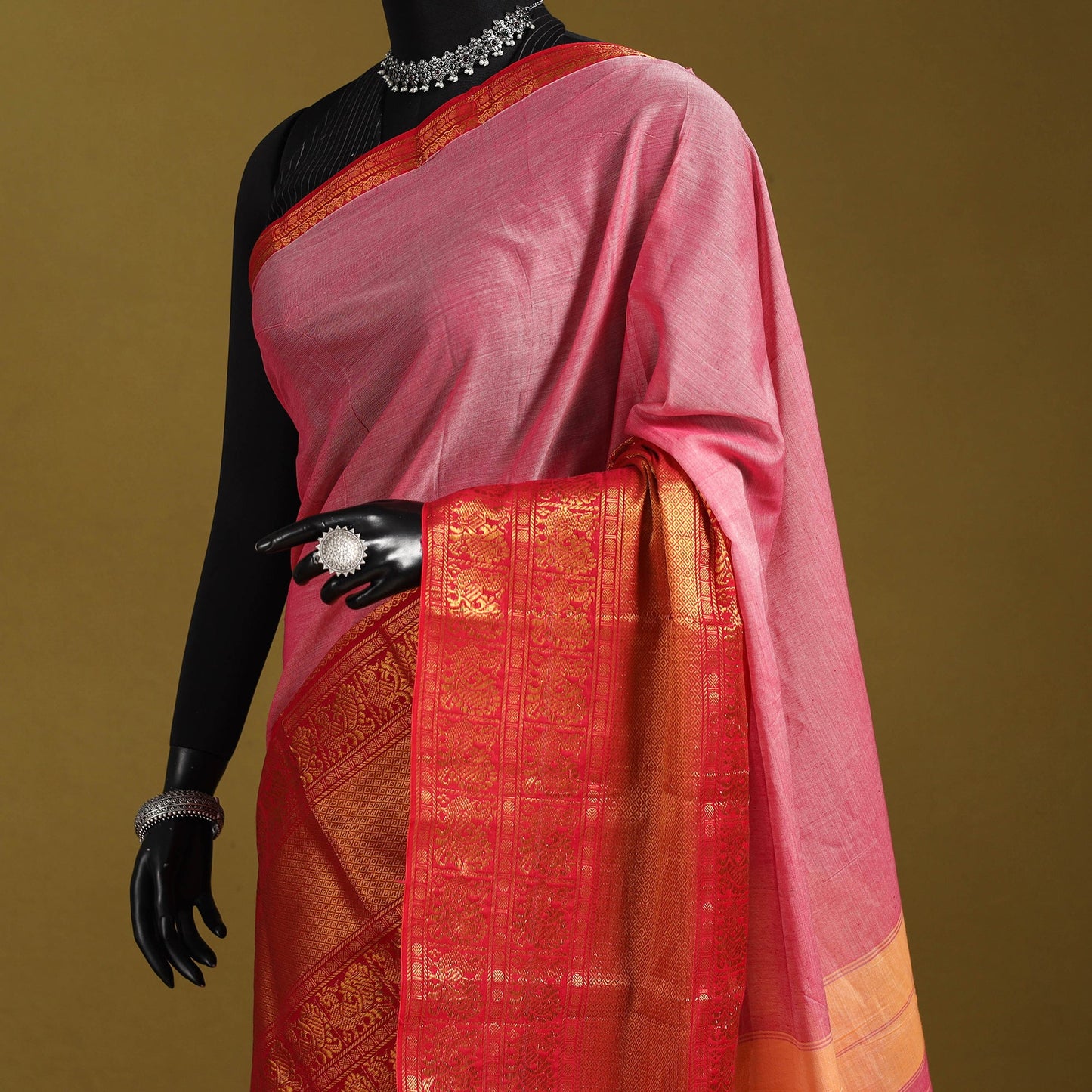 Pink - dharwad cotton saree with border 04 - handcrafted