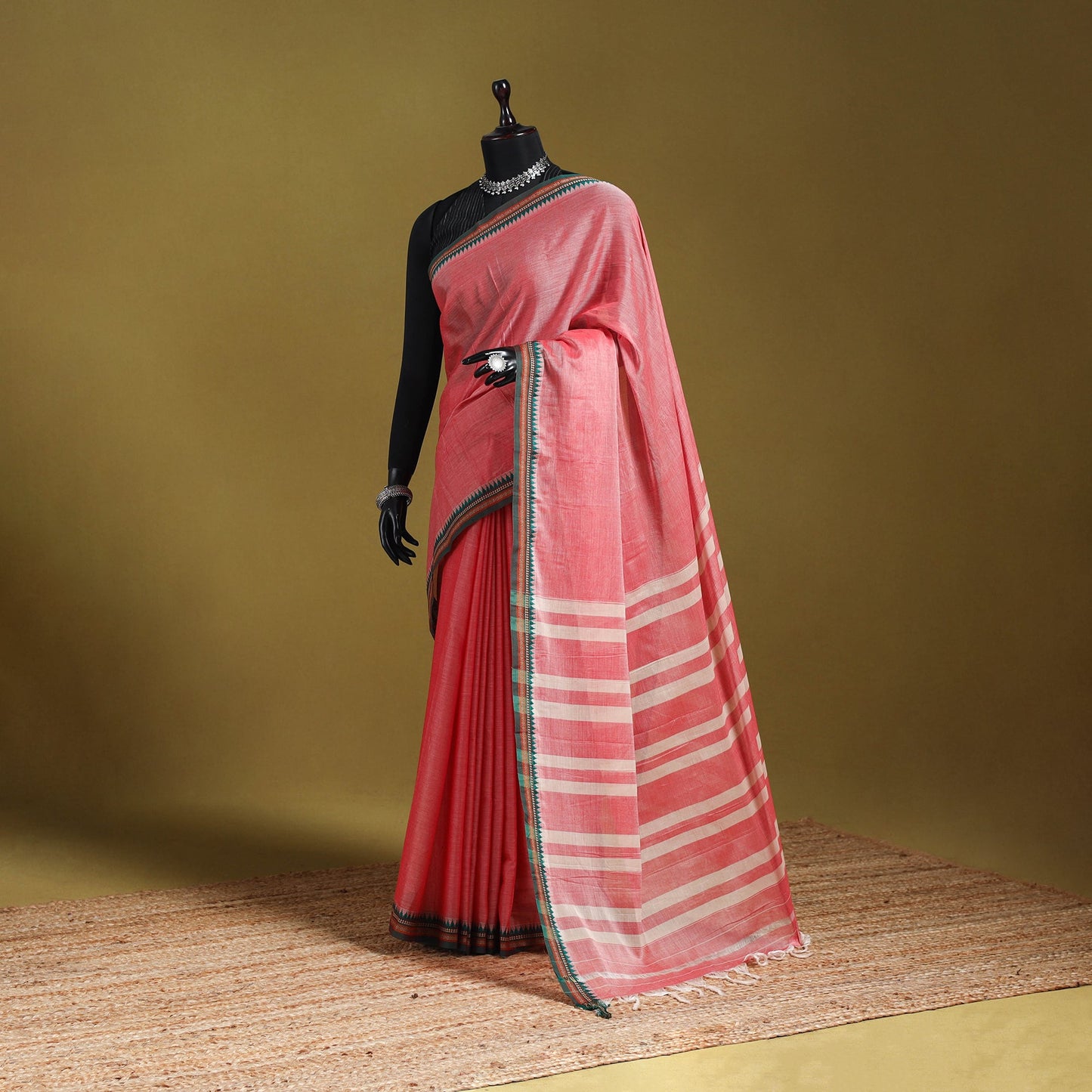 Pink - dharwad cotton saree with border 41 - handcrafted