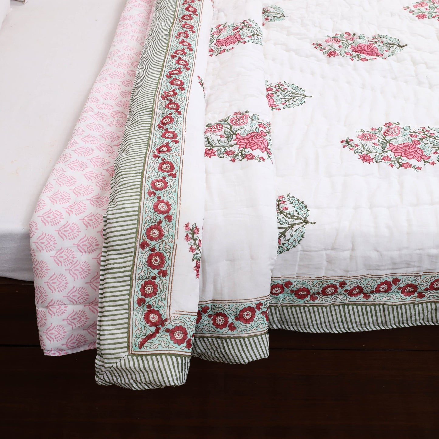Pink - Double - Reversible Sanganeri Block Print Cotton Quilt 18