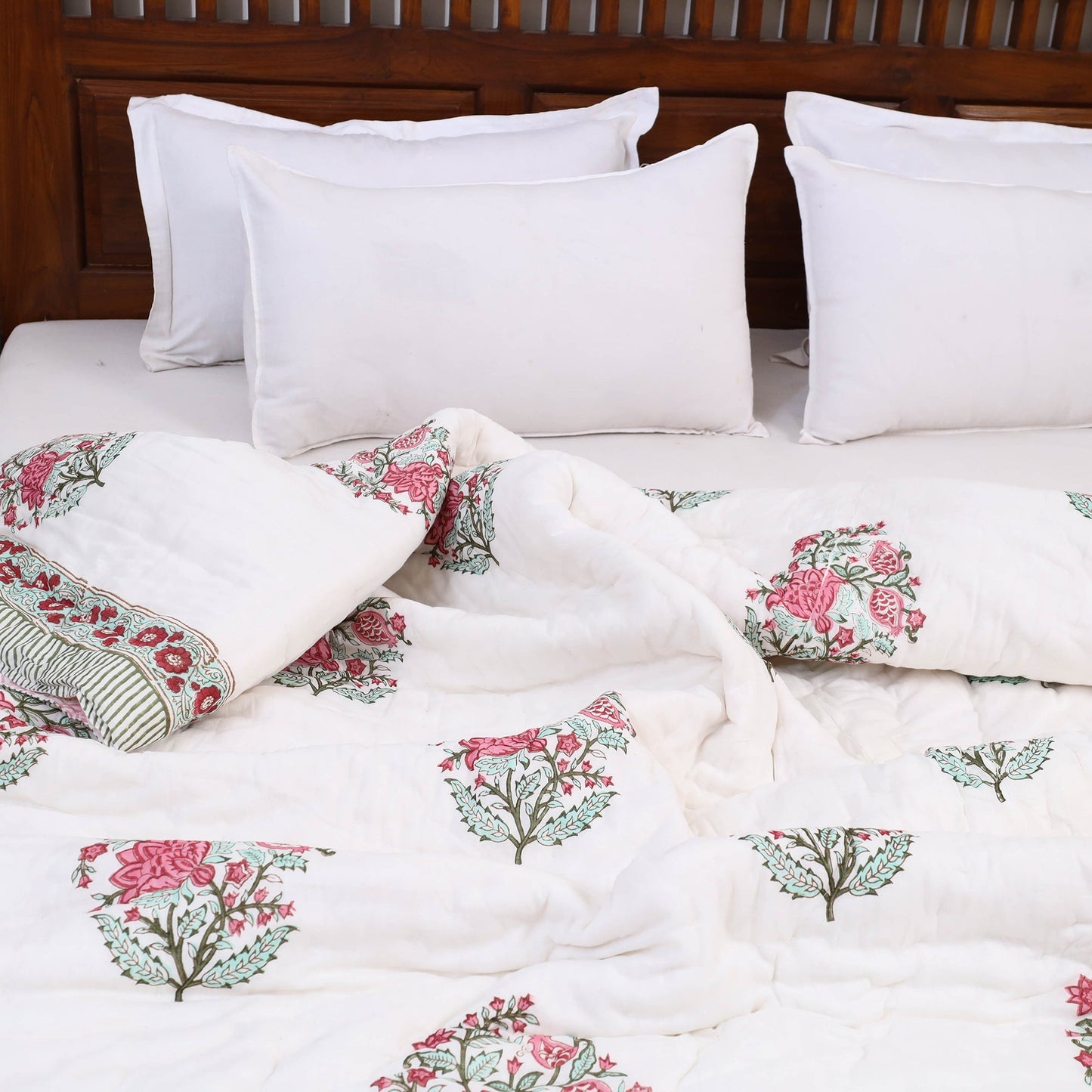 Pink - Double - Reversible Sanganeri Block Print Cotton Quilt 18