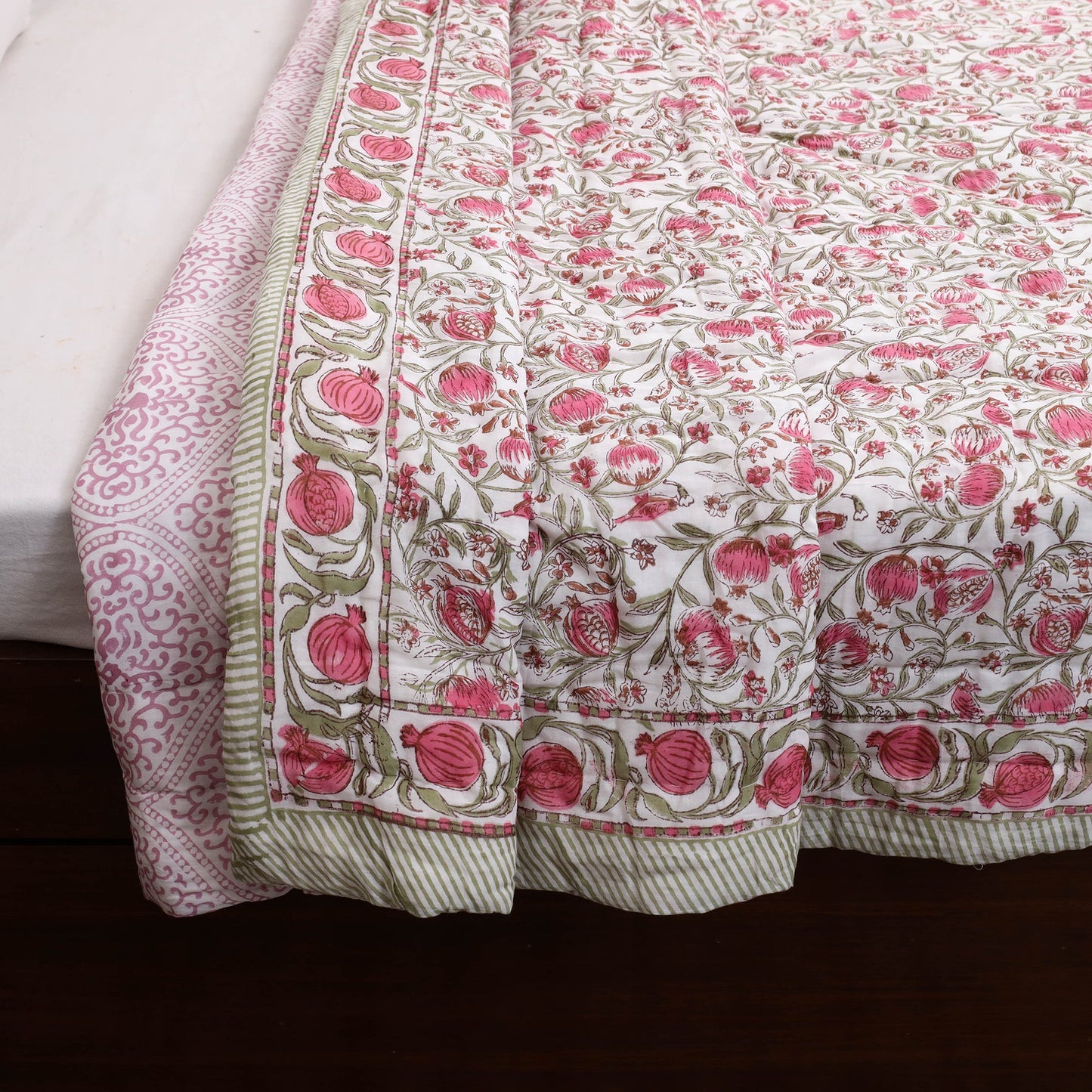 Pink - double - reversible sanganeri cotton quilt 23