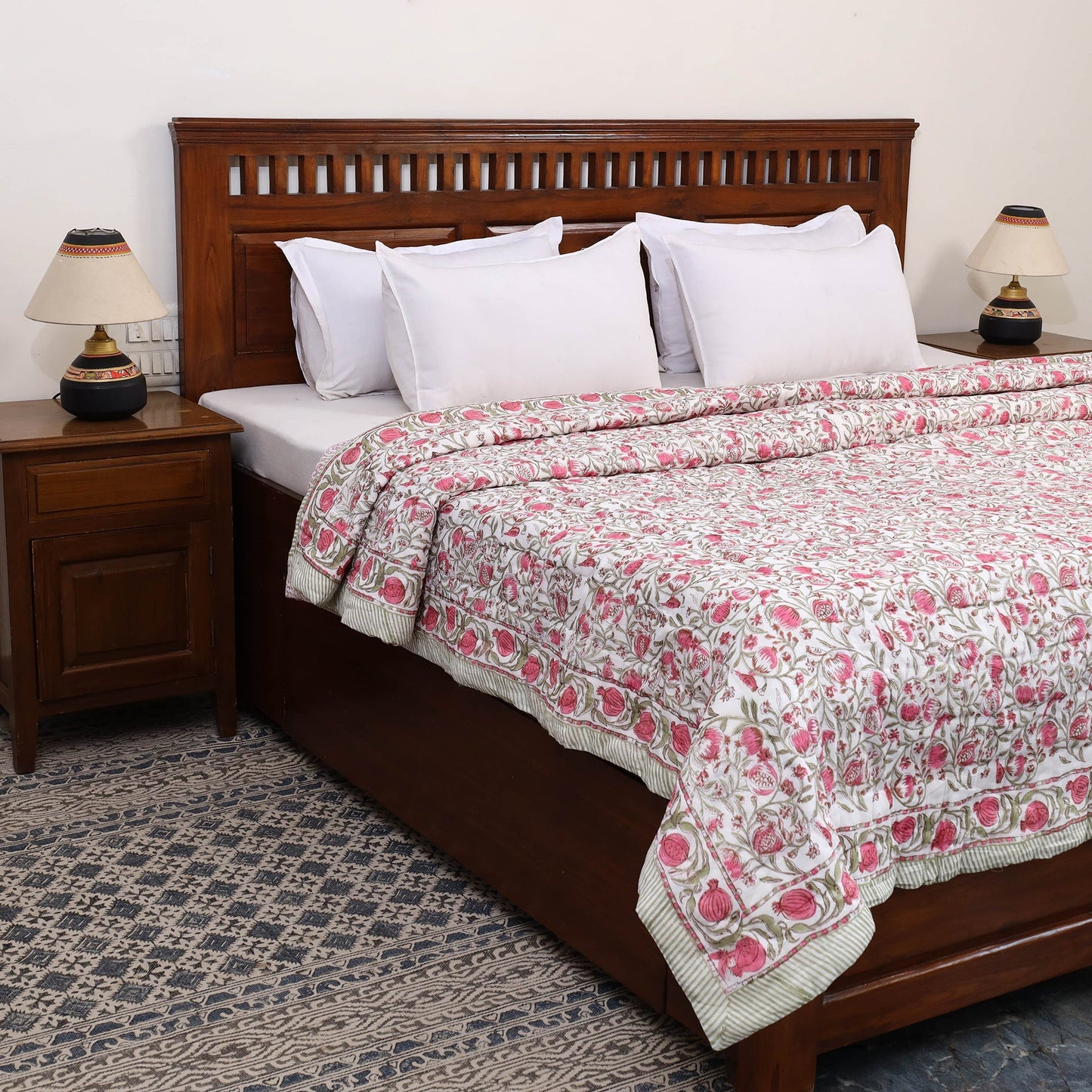 Pink - double - reversible sanganeri cotton quilt 23