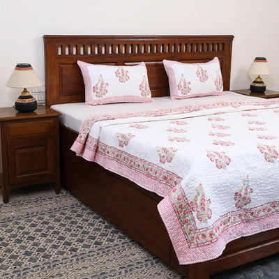 Pink - double - reversible sanganeri cotton quilt set 07