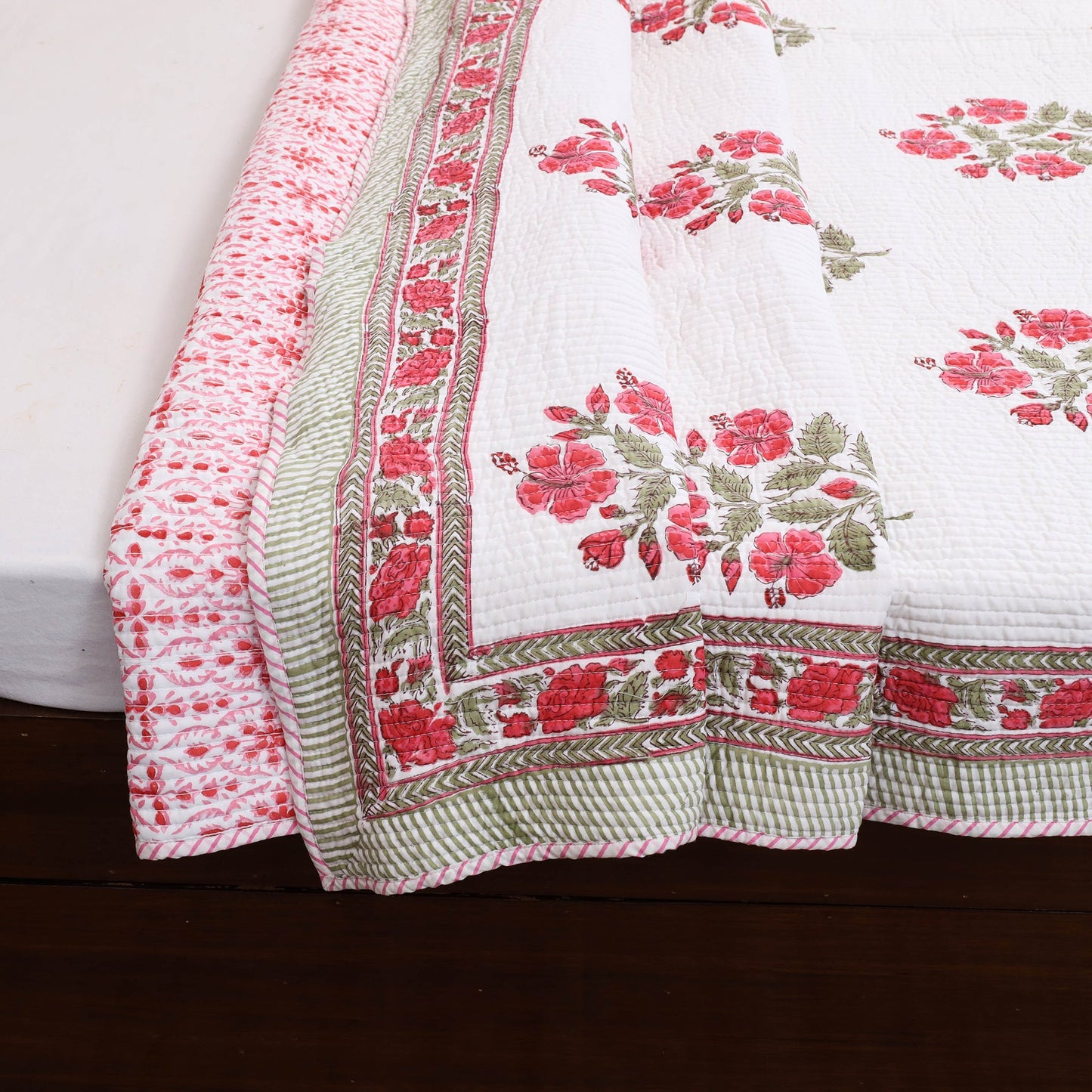 Pink - double - reversible sanganeri cotton quilt set 09
