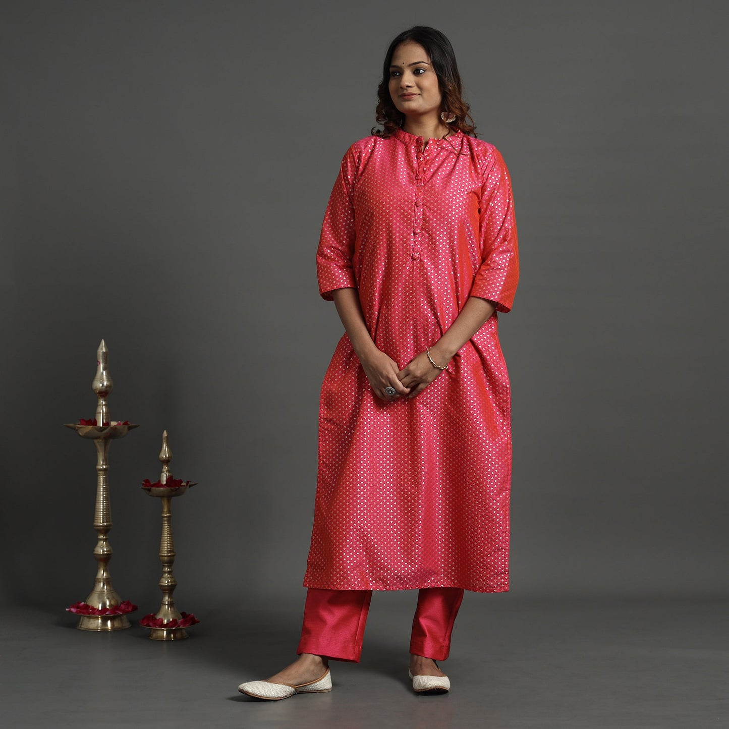 Pink - elegant banarasi brocade silk kurta with pant set