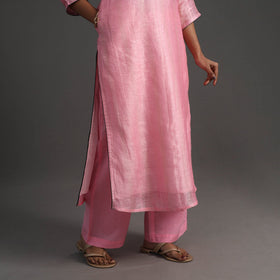  Pink Elegant Linen Silk Handloom Plain Kurta Set