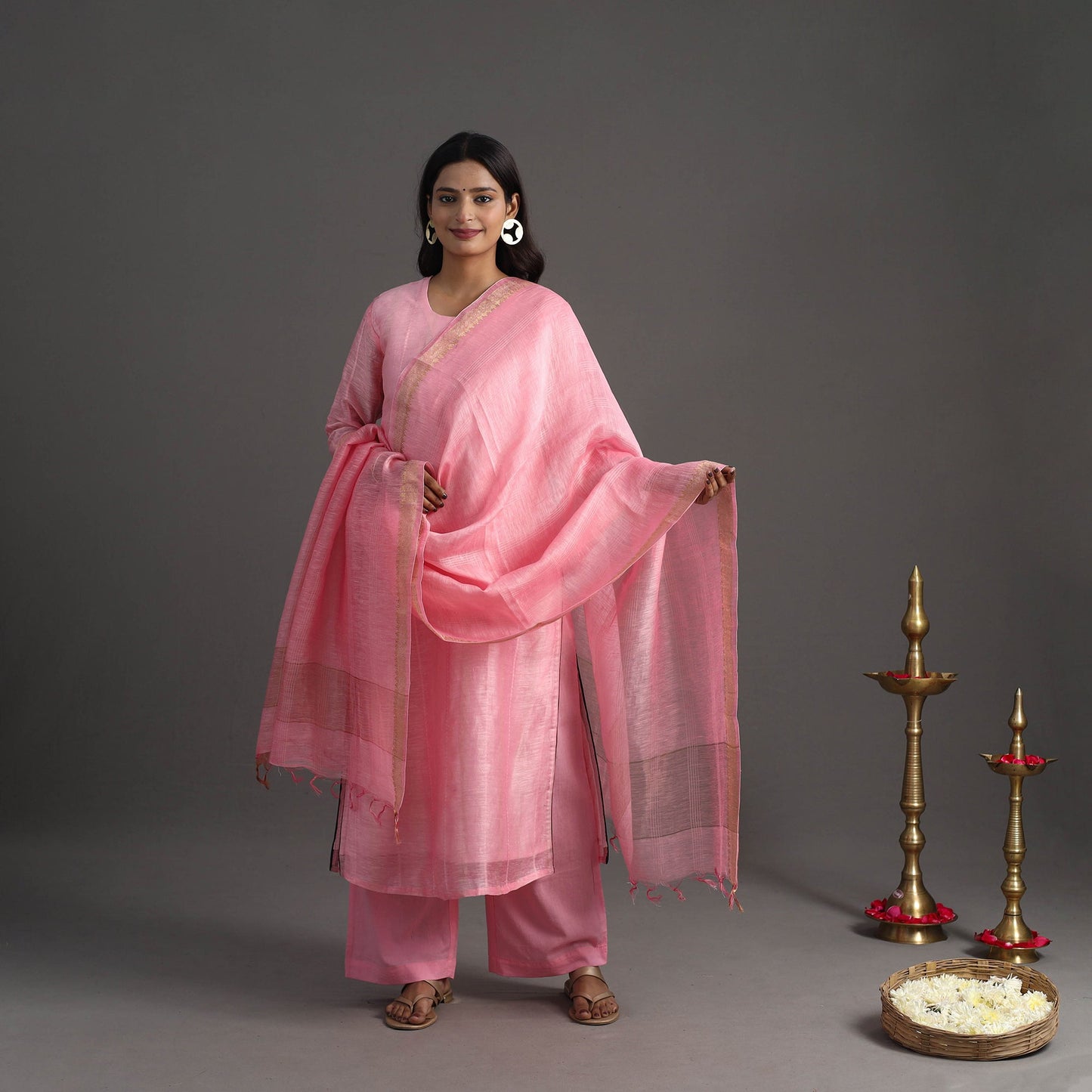  Pink Elegant Linen Silk Handloom Plain Kurta Set