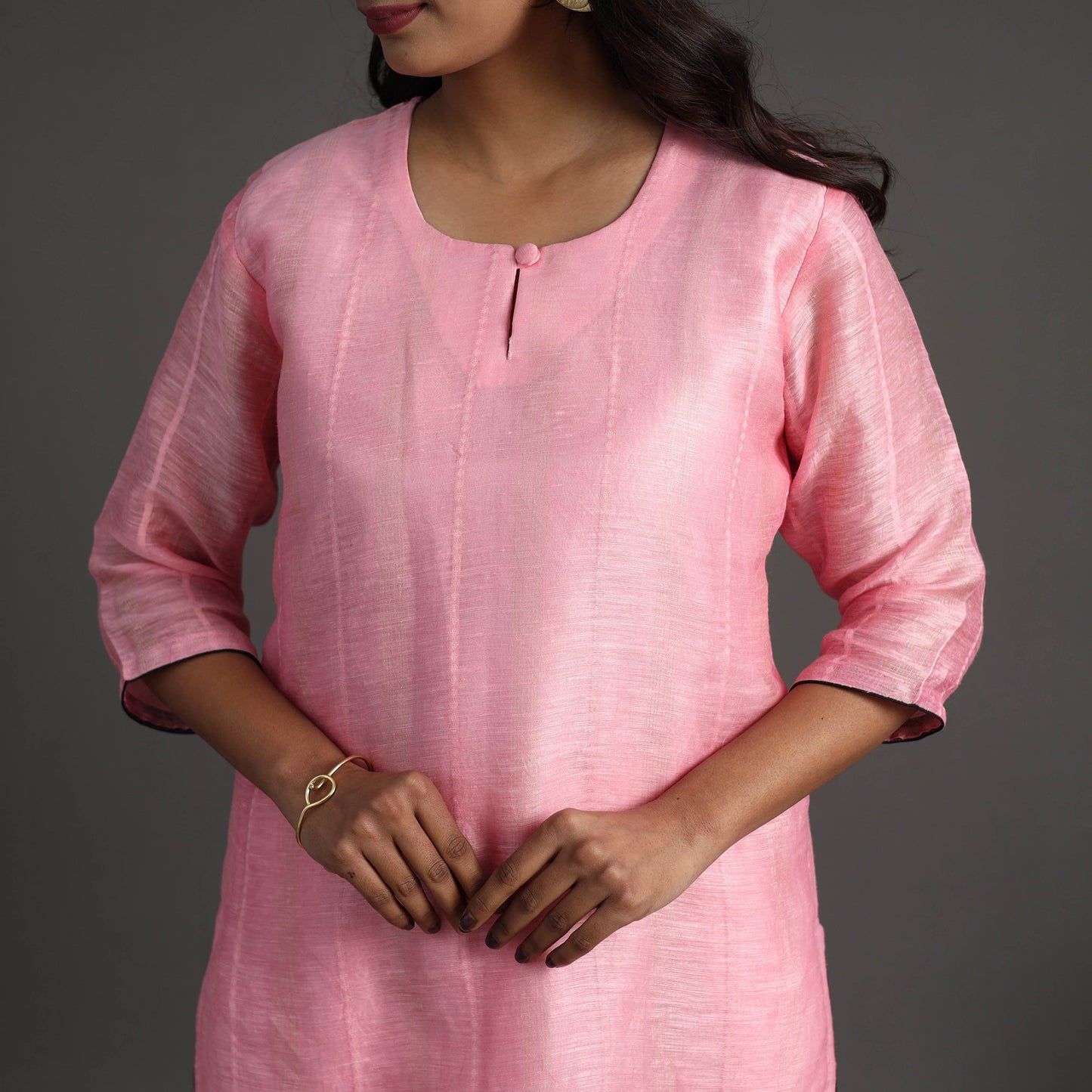  Pink Elegant Linen Silk Handloom Plain Kurta Set