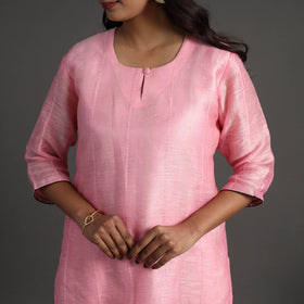  Pink Elegant Linen Silk Handloom Plain Kurta Set