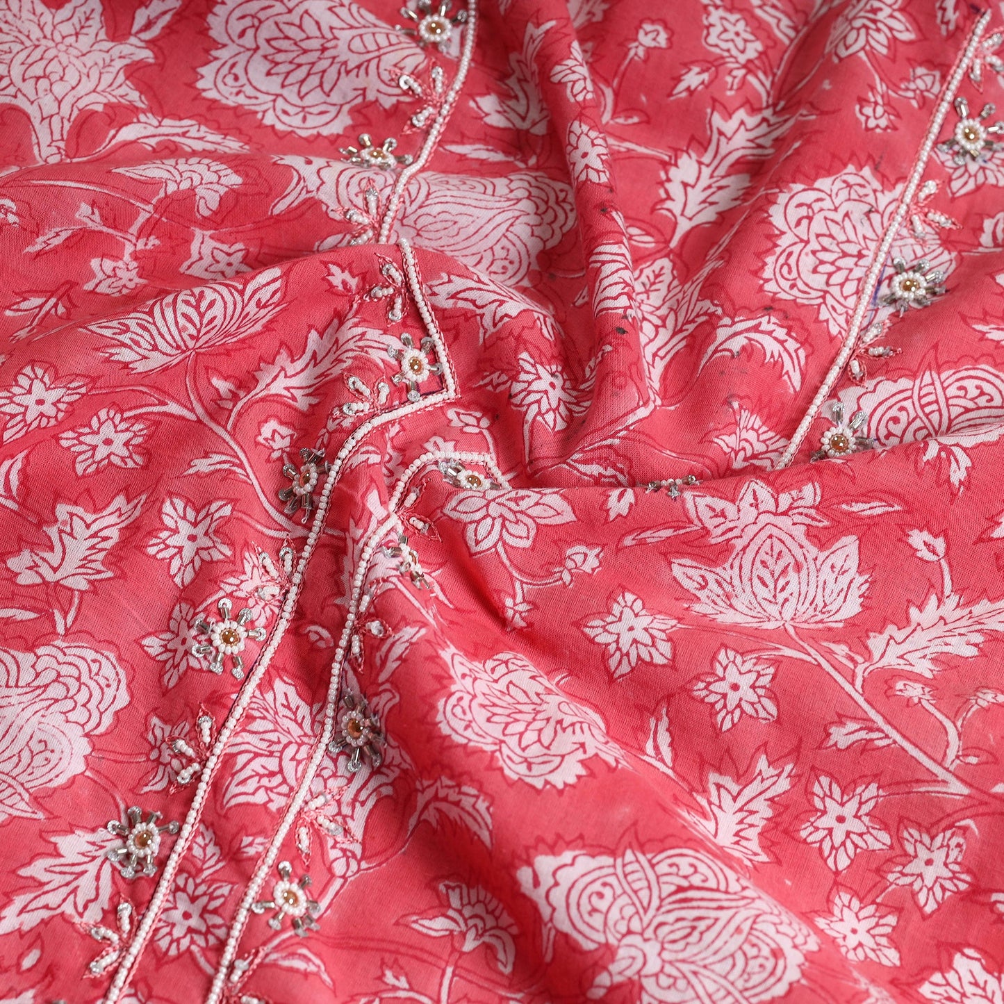  Embroidered Sanganeri Block Print Cotton Kurta Material with Beads - 2.5 Meter Online at iTokri.com