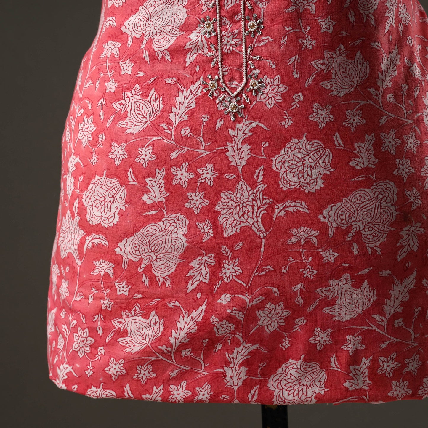  Embroidered Sanganeri Block Print Cotton Kurta Material with Beads - 2.5 Meter Online at iTokri.com