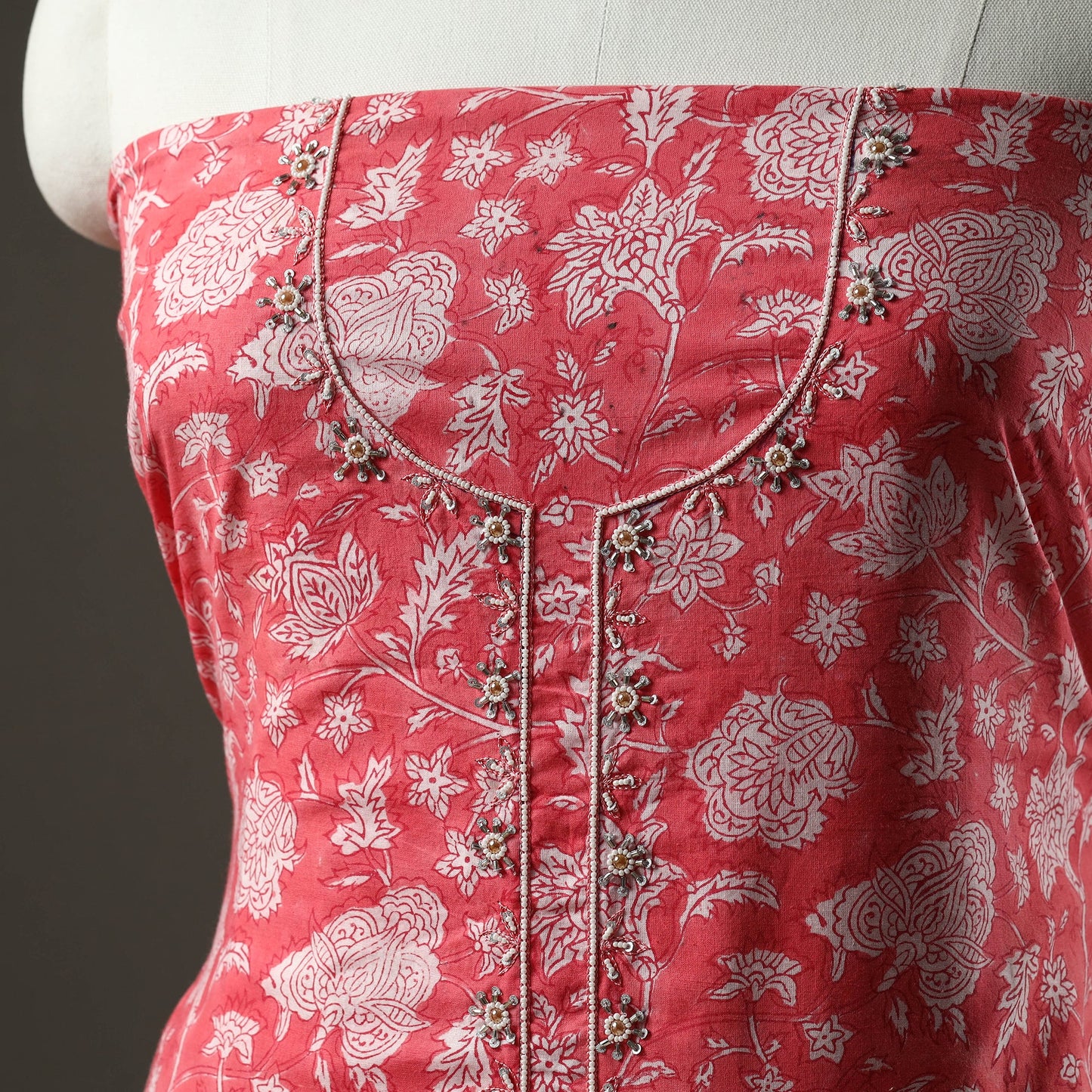  Embroidered Sanganeri Block Print Cotton Kurta Material with Beads - 2.5 Meter Online at iTokri.com