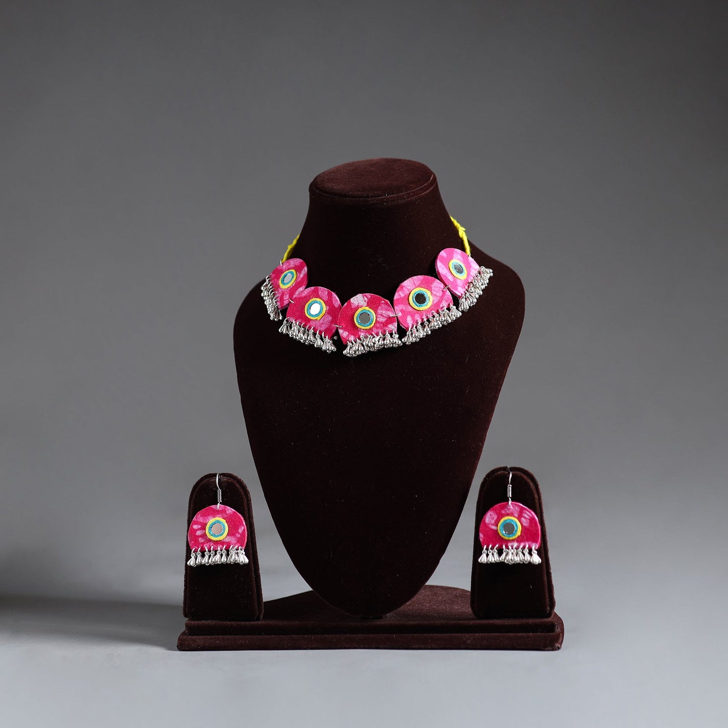 Pink - fabart german silver mirror work choker necklace set