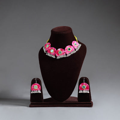 Pink - fabart german silver mirror work choker necklace set