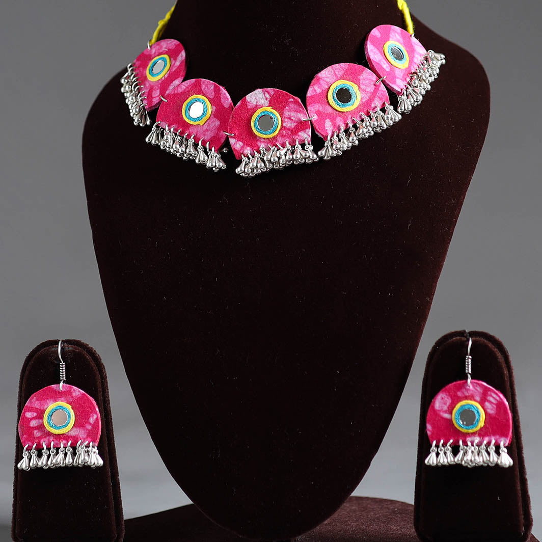 Pink - fabart german silver mirror work choker necklace set