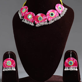 Pink - fabart german silver mirror work choker necklace set