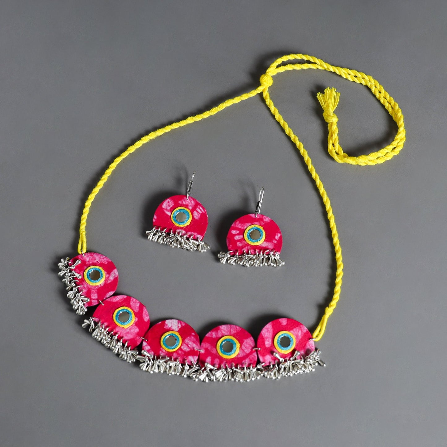 Pink - fabart german silver mirror work choker necklace set