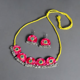 Pink - fabart german silver mirror work choker necklace set