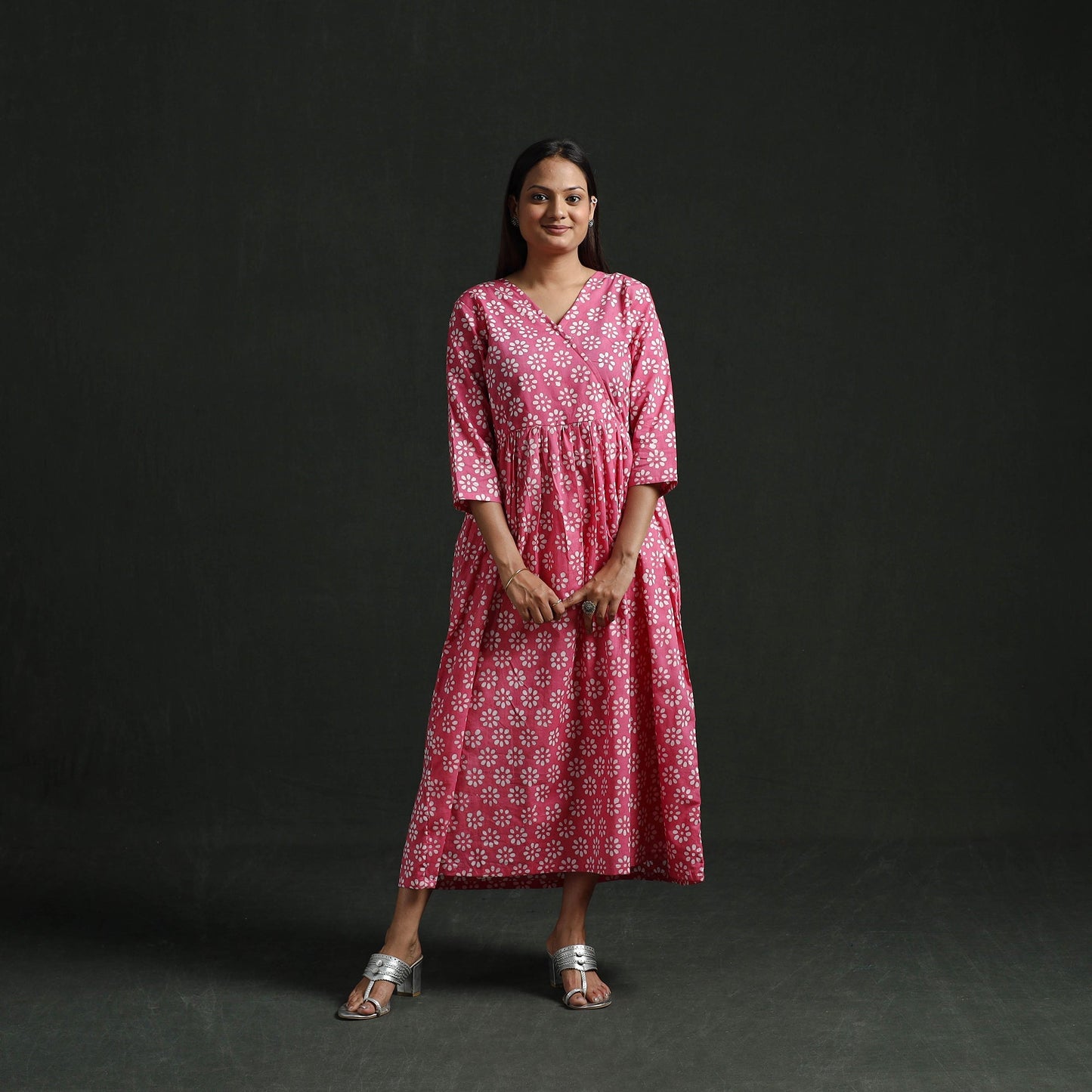 Flared angrakha cotton hand block batik print dress 10
