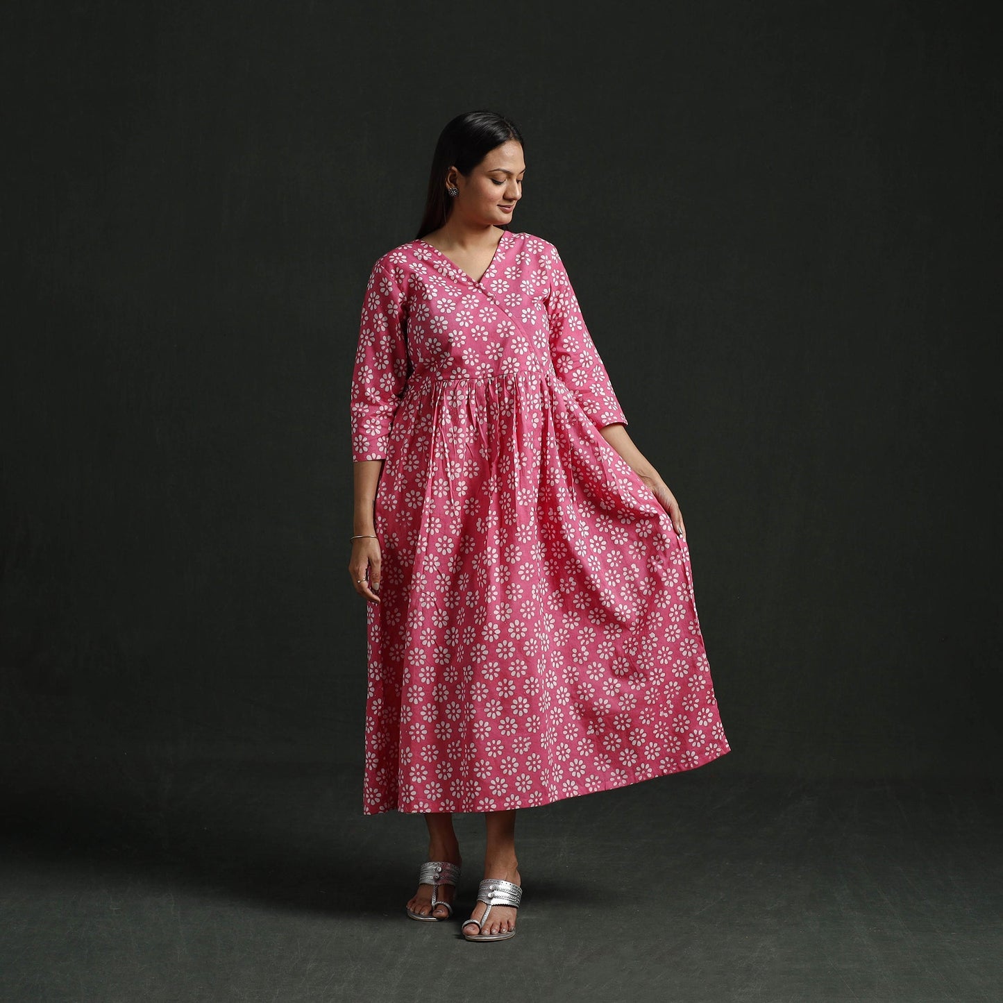 Flared angrakha cotton hand block batik print dress 10