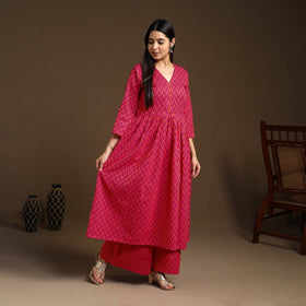  Pink Flared Cotton Jacquard Kurta with Palazzo Set