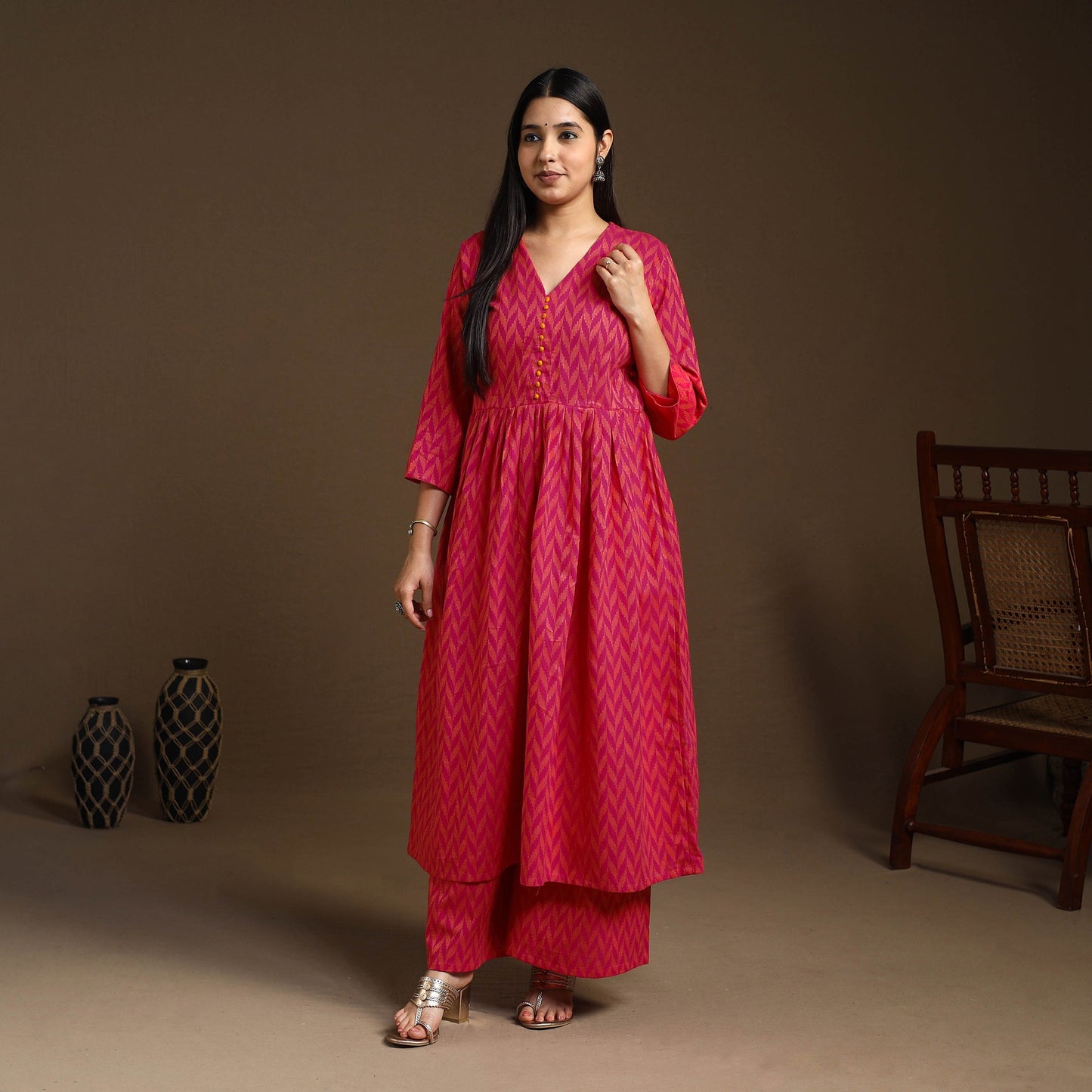 Pink Flared Cotton Jacquard Kurta with Palazzo Set