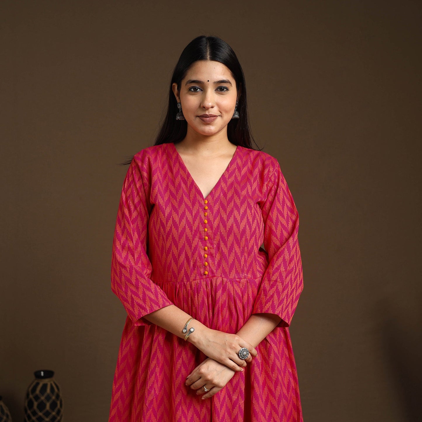  Pink Flared Cotton Jacquard Kurta with Palazzo Set