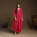  Pink Flared Cotton Jacquard Kurta with Palazzo Set