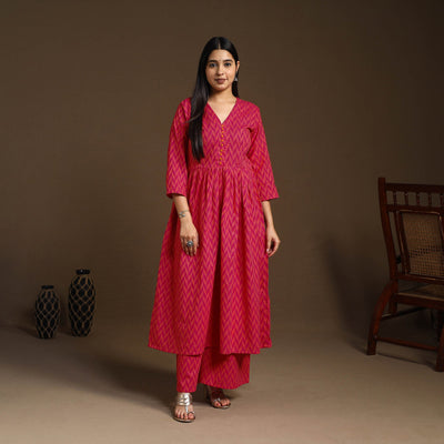  Pink Flared Cotton Jacquard Kurta with Palazzo Set