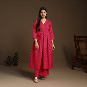  Pink Flared Cotton Jacquard Kurta with Palazzo Set