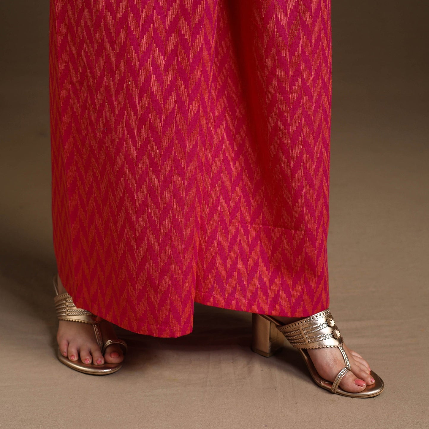  Pink Flared Cotton Jacquard Kurta with Palazzo Set