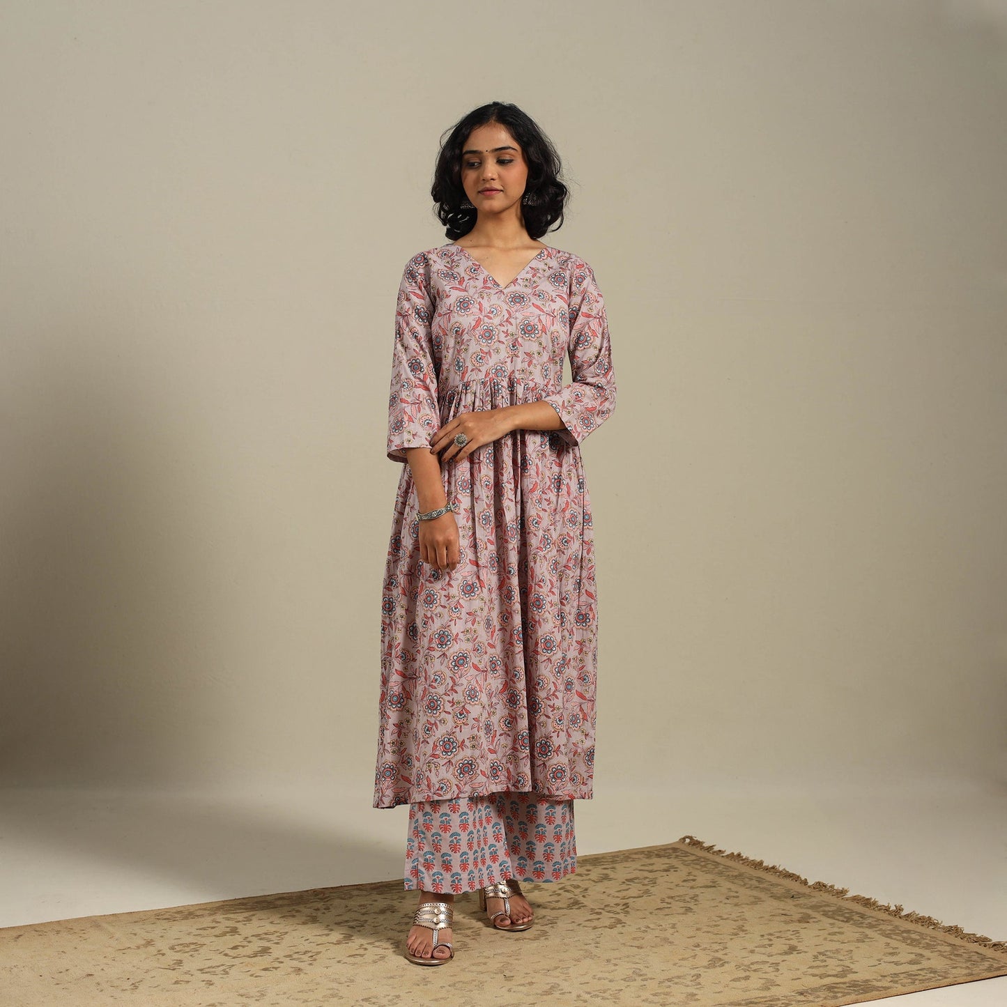Pink Flared Cotton Jaipur Print Kurta Set (Set of 2)