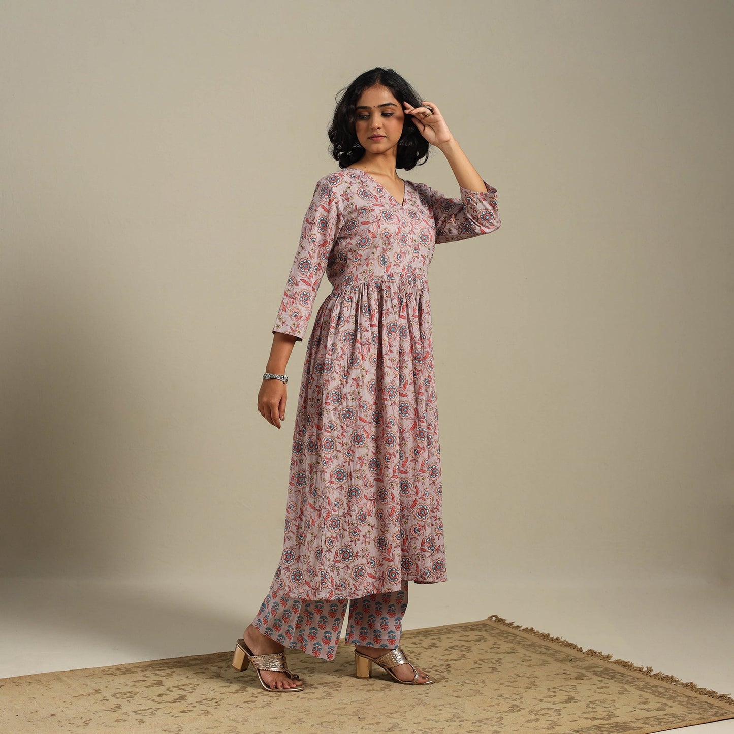 Pink Flared Cotton Jaipur Print Kurta Set (Set of 2)