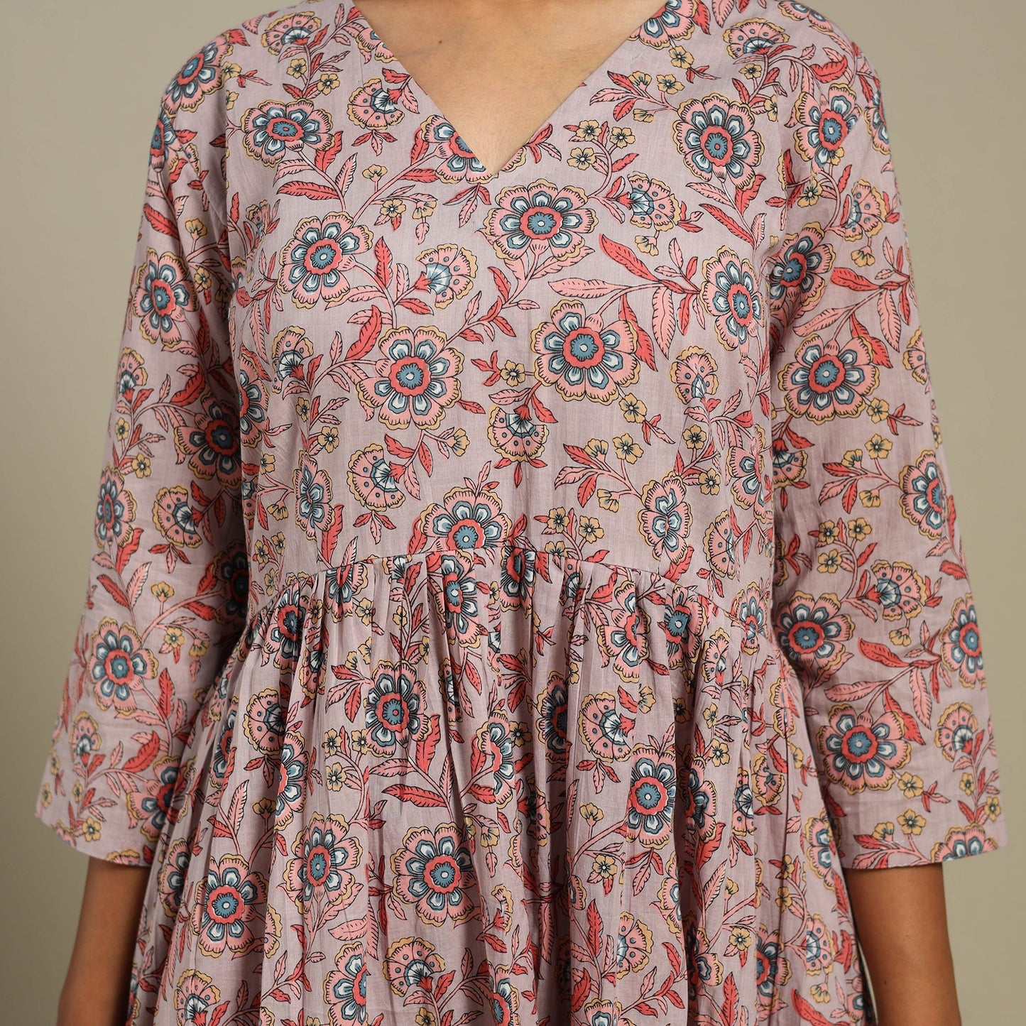 Pink Flared Cotton Jaipur Print Kurta Set (Set of 2)