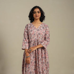 Pink Flared Cotton Jaipur Print Kurta Set (Set of 2)