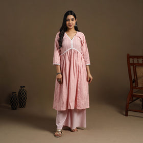 Buy Pink Flared Cotton Lace Work Jacquard Kurta for Women
