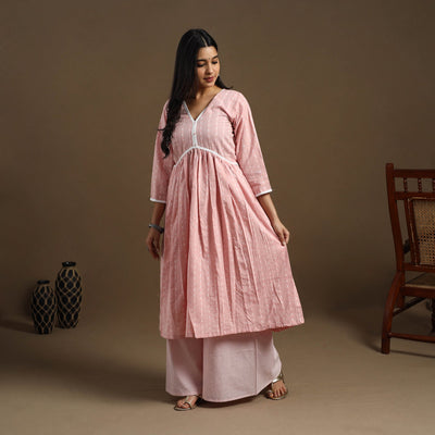 Buy Pink Flared Cotton Lace Work Jacquard Kurta for Women
