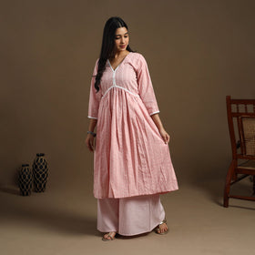 Buy Pink Flared Cotton Lace Work Jacquard Kurta for Women