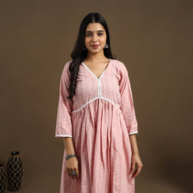 Buy Pink Flared Cotton Lace Work Jacquard Kurta for Women
