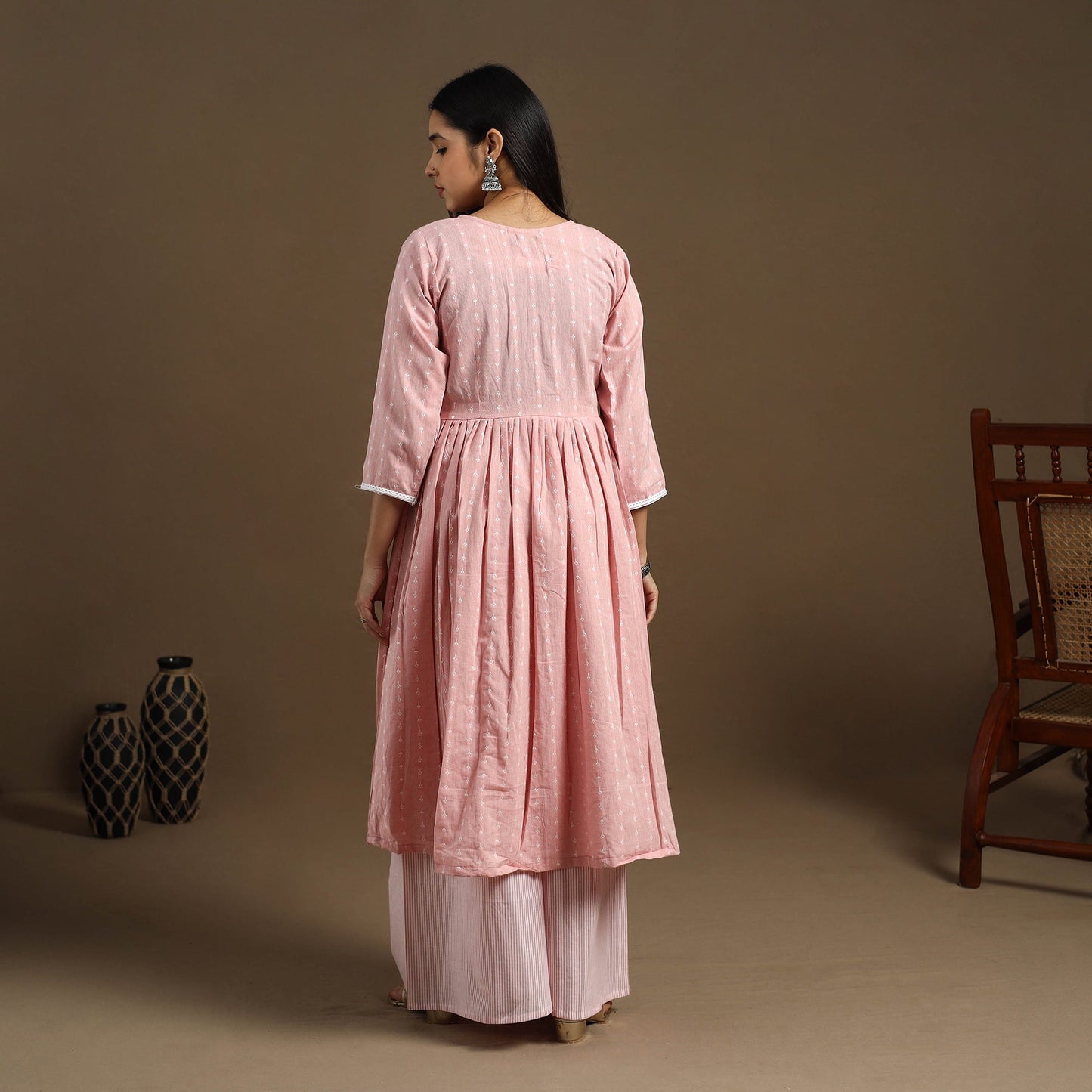 Flared Cotton Lace Work Pink Jacquard Kurta with Palazzo Set