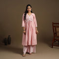 Flared Cotton Lace Work Pink Jacquard Kurta with Palazzo Set