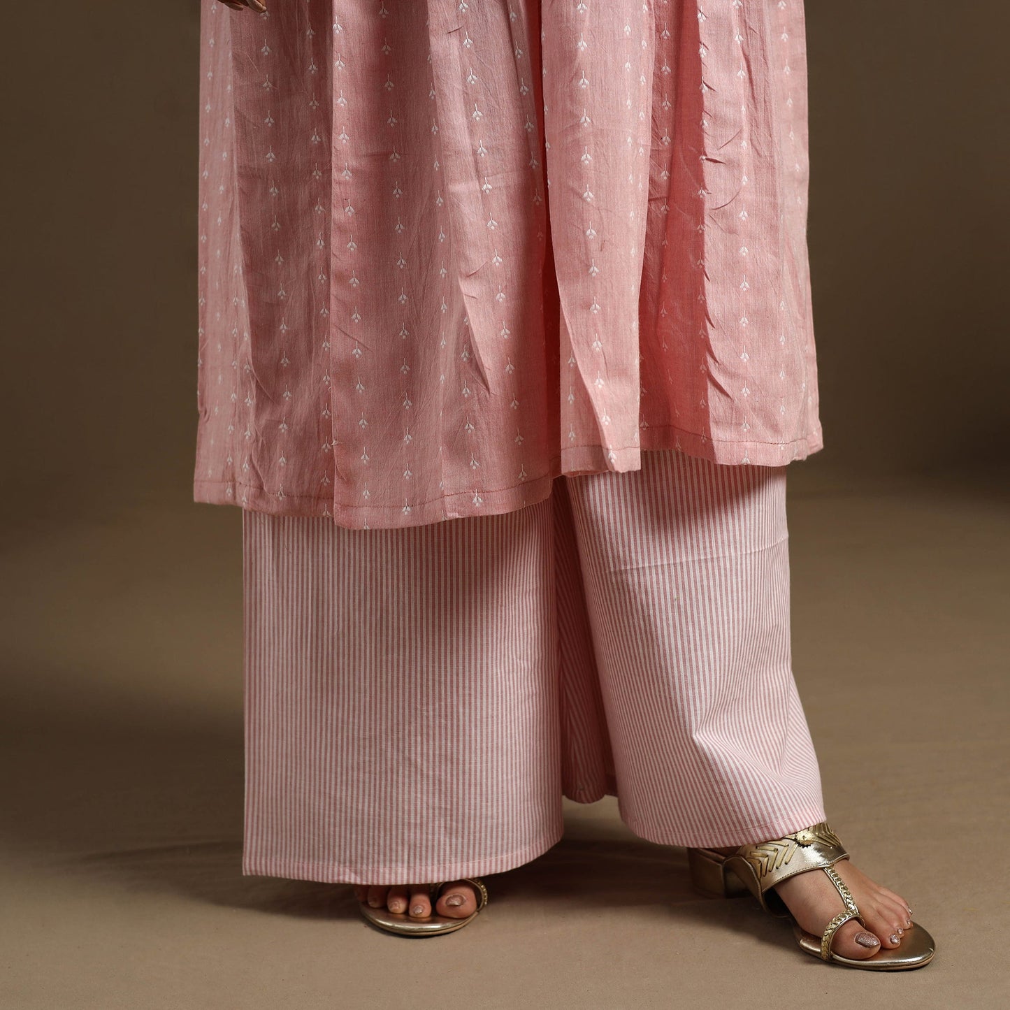 Flared Cotton Lace Work Pink Jacquard Kurta with Palazzo Set