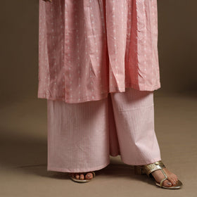 Flared Cotton Lace Work Pink Jacquard Kurta with Palazzo Set