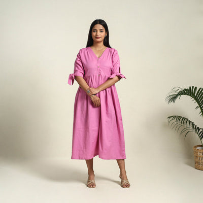  Pink Flex Cotton Button Down Plain Dress