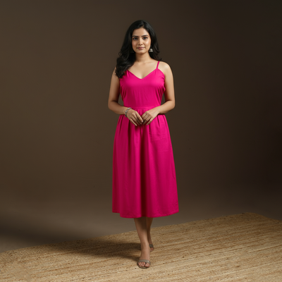 Pink - flex cotton tiered plain dress 04 - handcrafted