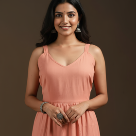 Pink - flex cotton tiered plain dress 05 - handcrafted