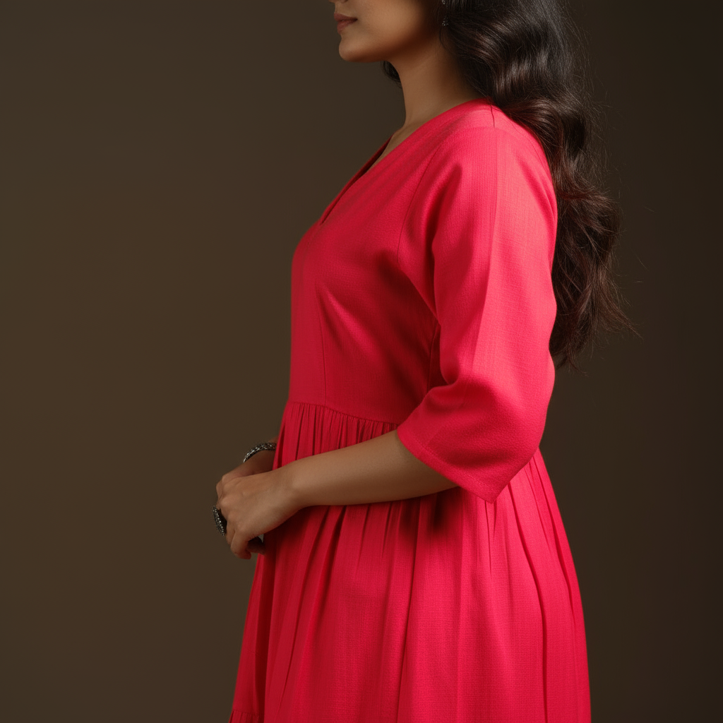 Pink - flex cotton tiered plain dress 09 - handcrafted